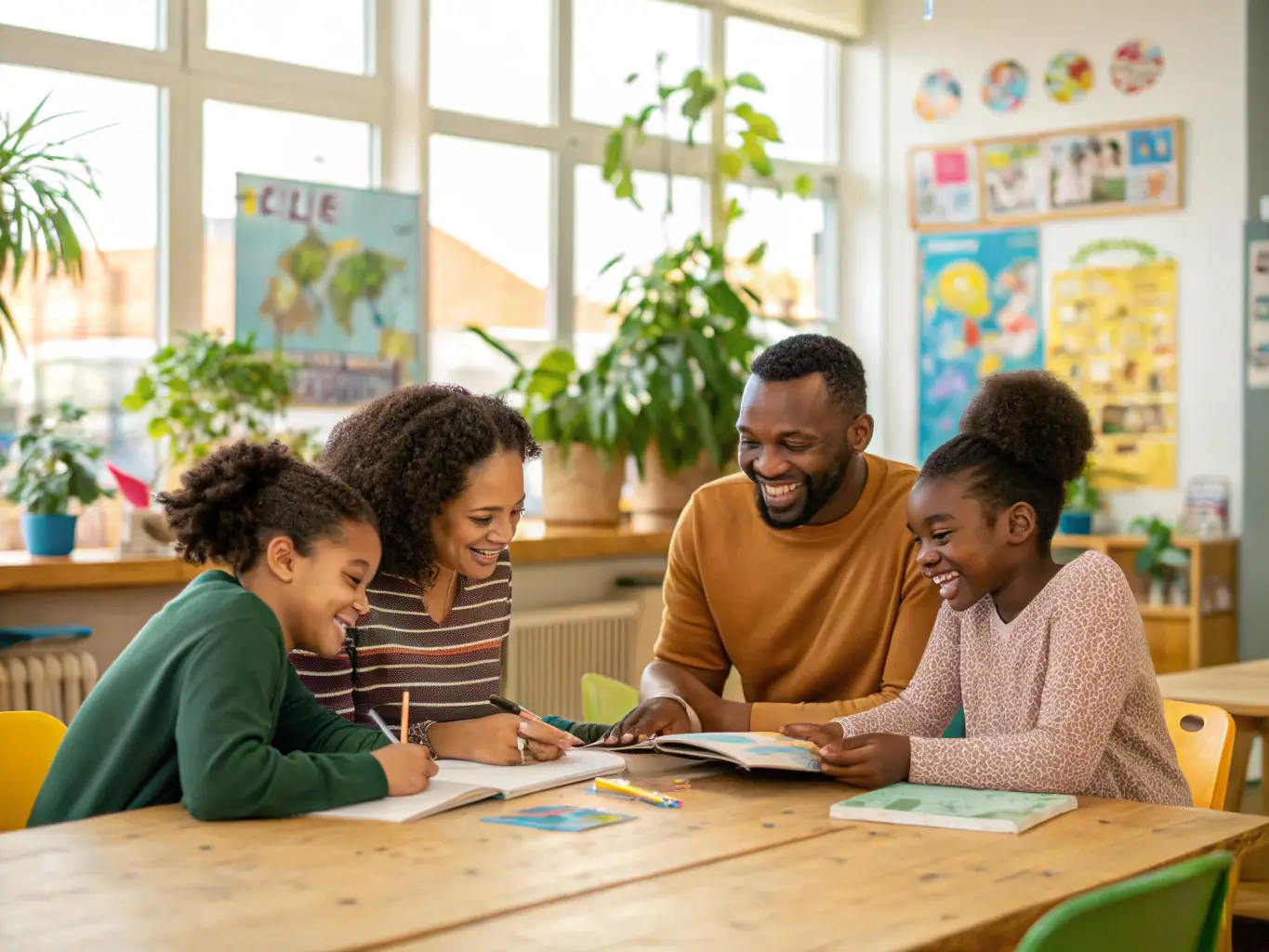 An image of children and adults engaged in a learning workshop, with educational materials and attentive participants.